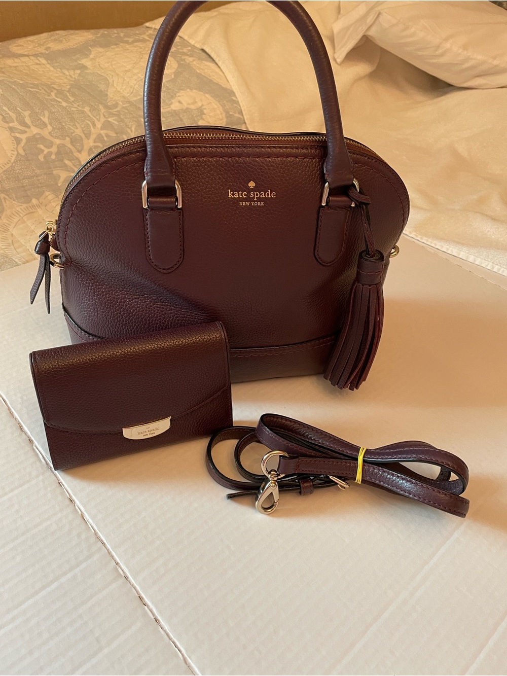 kate spade New York  Plum Pebbled Leather Dome Satchel with Tassel and Wallet